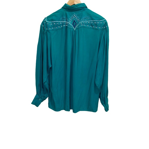 Vintage 1990s Women's Wrangler Western Collared Beaded Button Up Teal Blouse XL - Picture 2 of 13